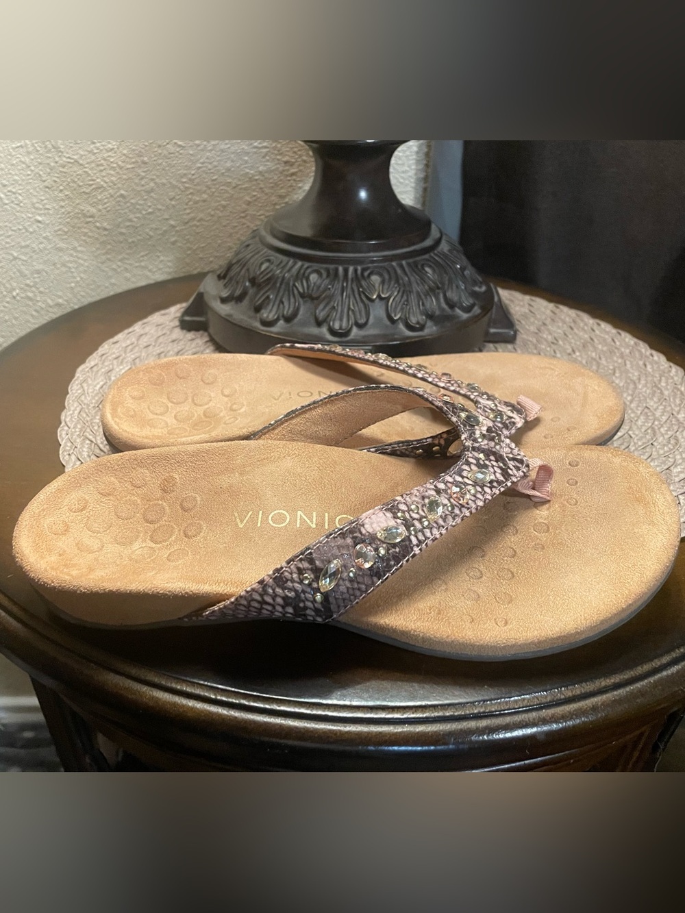Vionic Women's Pink Snake-Print Jeweled Thong Sandals